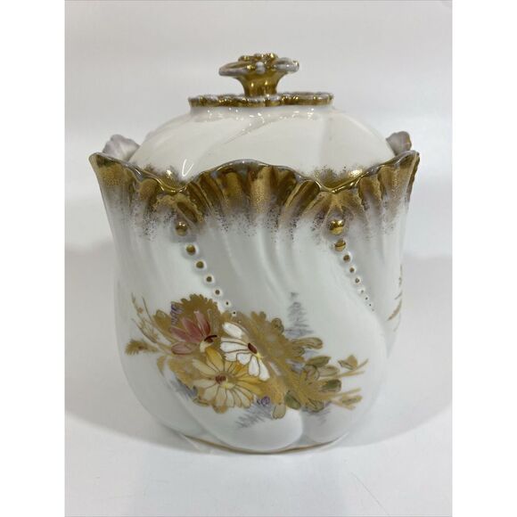 Antique A Lanternier Limoges France Hand Painted Lidded Biscuit Jar Tea Caddy 7" - Picture 5 of 12